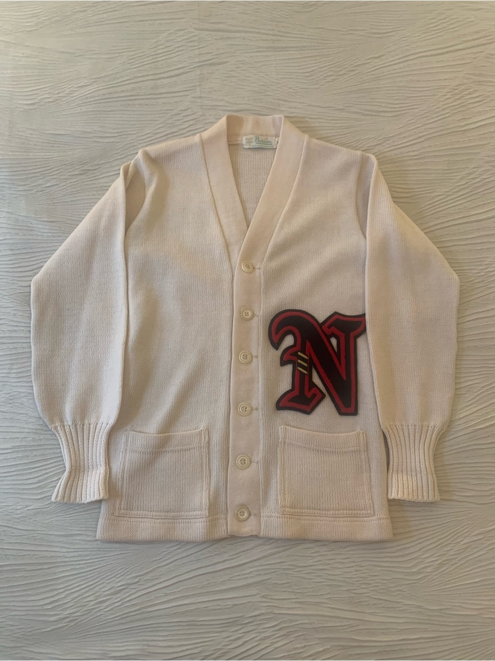 Vintage 50s/60s Burean Knitting Mills Cream Wool Knit Varsity Cardigan, size 38